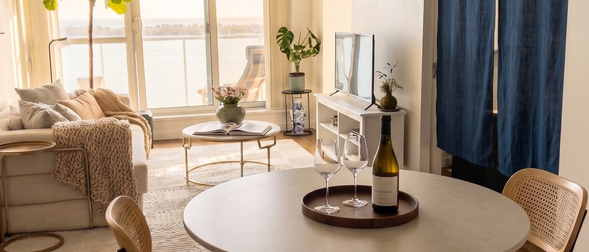 Sunlit living room with a table set for two and a view of the water